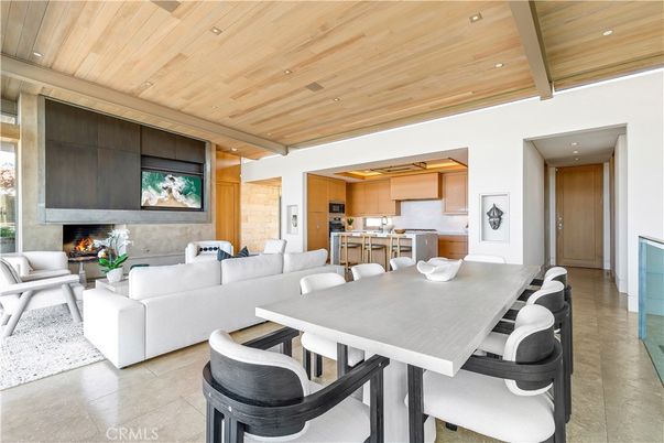Dining room, Fireplace, Interior, Kitchen, Living room, Recessed Lighting, Stainless Steel Appliances, Wooden Ceilings
