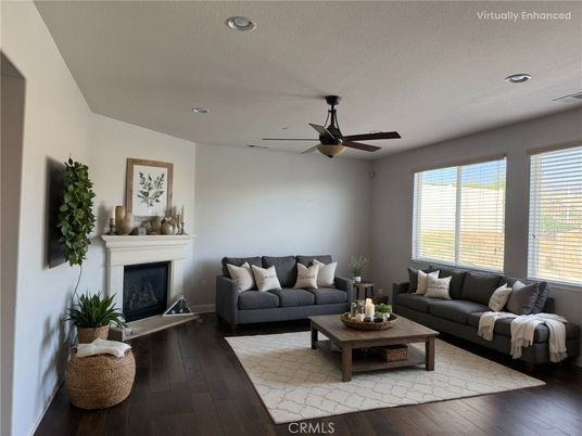 Fireplace, Interior, Living room, Recessed Lighting, Wood Texture Flooring