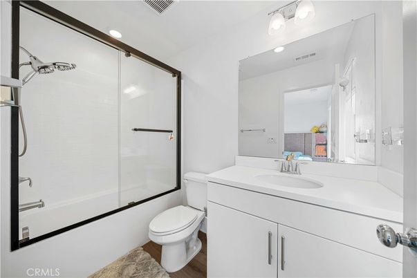 Bathroom, Glass Shower, Interior, Recessed Lighting, Wood Texture Flooring