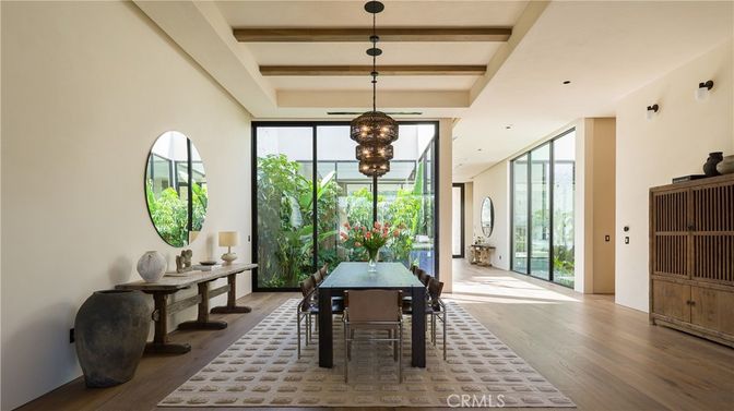 Dining room, Interior, Pendant Lights, Wooden Beams, Wood Texture Flooring