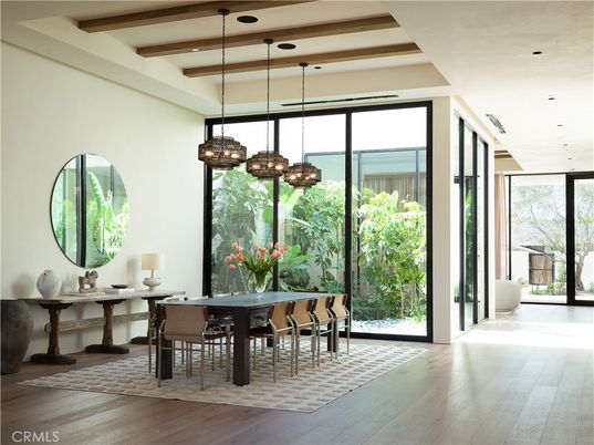 Dining room, Interior, Pendant Lights, Recessed Lighting, Wooden Beams, Wood Texture Flooring