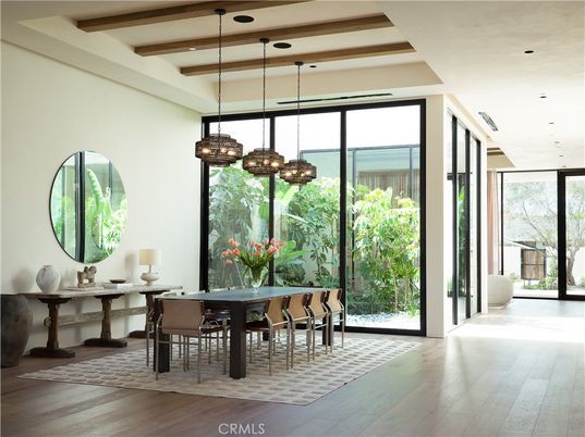 Dining room, Interior, Pendant Lights, Recessed Lighting, Wooden Beams, Wood Texture Flooring