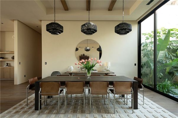 Dining room, Interior, Pendant Lights, Wooden Beams, Wood Texture Flooring
