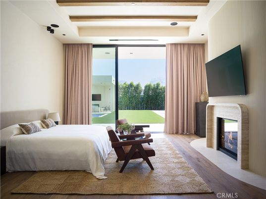 Bedroom, Fireplace, Interior, Recessed Lighting, Wood Texture Flooring