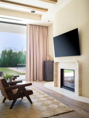 Fireplace, Interior, Recessed Lighting, Wooden Beams, Wood Texture Flooring