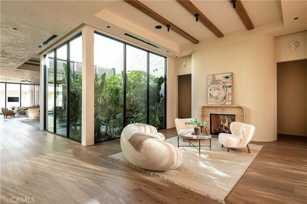 Fireplace, Interior, Living room, Recessed Lighting, Wooden Beams, Wood Texture Flooring