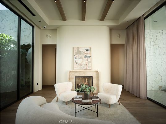 Fireplace, Interior, Living room, Recessed Lighting, Wooden Beams, Wood Texture Flooring