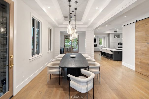 Dining room, Interior, Kitchen, Pendant Lights, Recessed Lighting, Wood Texture Flooring, Wooden Walls