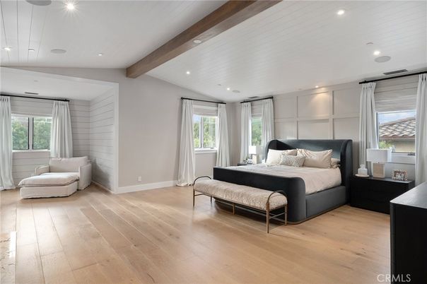Bedroom, Interior, Pendant Lights, Recessed Lighting, Wooden Beams, Wood Texture Flooring
