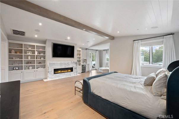 Bedroom, Fireplace, Interior, Recessed Lighting, Wooden Beams, Wood Texture Flooring