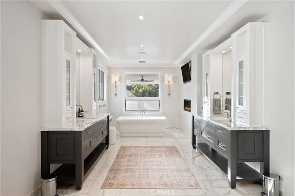 Bathroom, Dual Sink Vanities, Fireplace, Free Standing Baths, Interior, Marble, Recessed Lighting