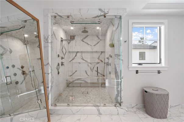 Bathroom, Glass Shower, Interior, Marble, Marble Walls, Recessed Lighting