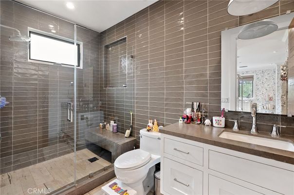 Bathroom, Glass Shower, Interior, Recessed Lighting, Wood Texture Flooring