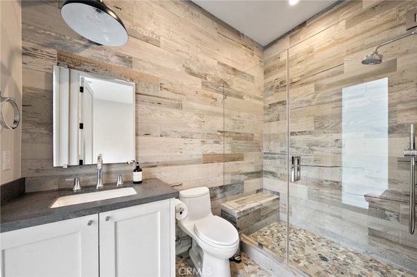 Bathroom, Glass Shower, Interior, Recessed Lighting, Wooden Walls