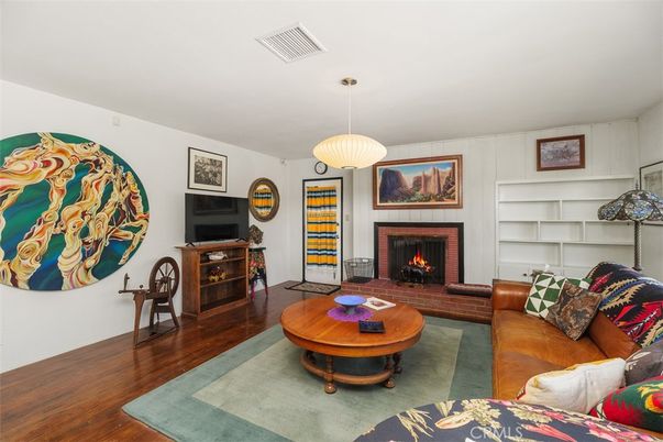 Fireplace, Interior, Living room, Pendant Lights, Wood Texture Flooring