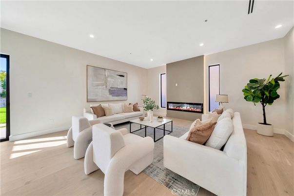 Fireplace, Interior, Living room, Recessed Lighting, Wood Texture Flooring