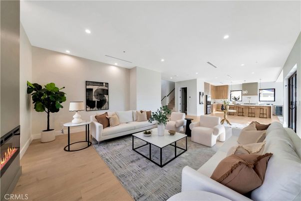 Fireplace, Interior, Kitchen, Living room, Pendant Lights, Recessed Lighting, Wood Texture Flooring
