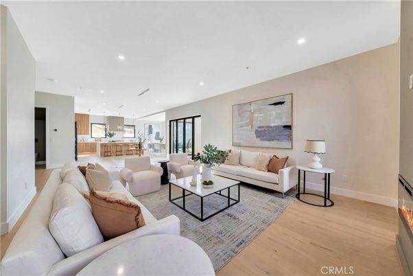 Fireplace, Interior, Kitchen, Living room, Pendant Lights, Recessed Lighting, Wood Texture Flooring