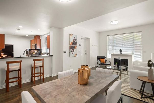 Dining room, Fireplace, Interior, Kitchen, Living room, Recessed Lighting, Wood Texture Flooring