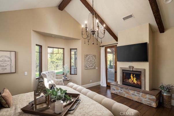 Chandelier, Fireplace, Interior, Living room, Wooden Beams, Wood Texture Flooring