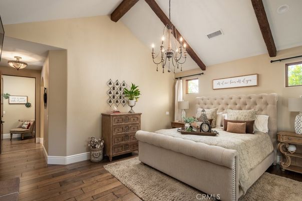Bedroom, Chandelier, Interior, Wooden Beams, Wood Texture Flooring