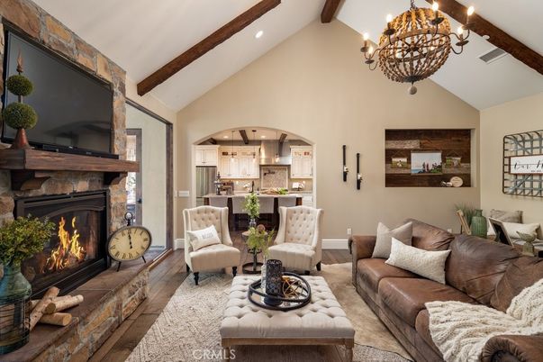 Chandelier, Fireplace, Interior, Kitchen, Living room, Recessed Lighting, Wooden Beams, Wood Texture Flooring
