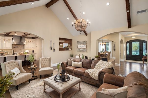 Chandelier, Dining room, Interior, Kitchen, Living room, Pendant Lights, Recessed Lighting, Wooden Beams, Wood Texture Flooring