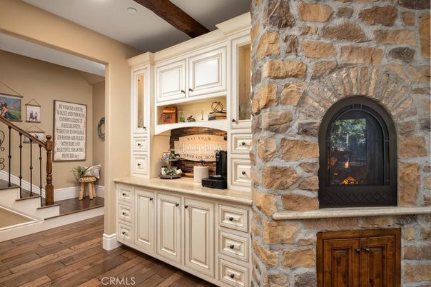 Fireplace, Interior, Recessed Lighting, Stone Walls, Wooden Beams, Wood Texture Flooring