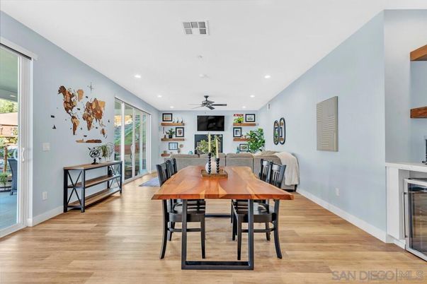 Dining room, Fireplace, Interior, Recessed Lighting, Wood Texture Flooring