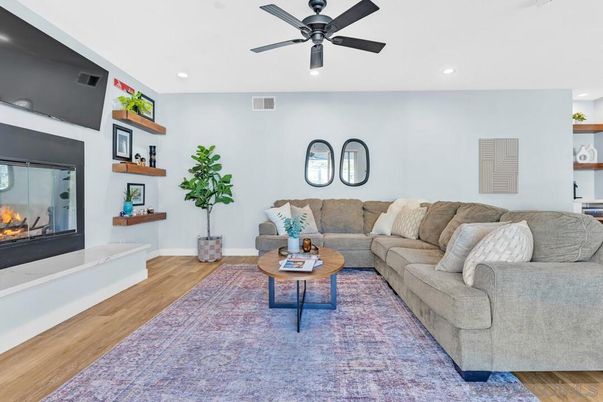 Fireplace, Interior, Living room, Recessed Lighting, Wood Texture Flooring