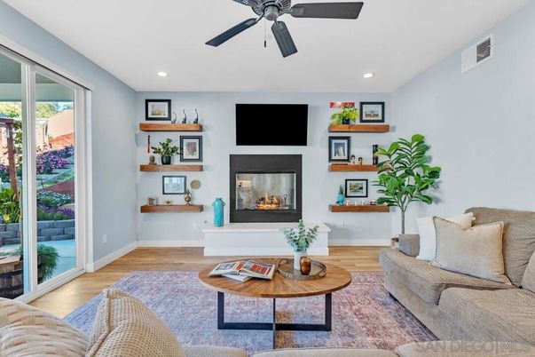 Fireplace, Interior, Living room, Recessed Lighting, Wood Texture Flooring