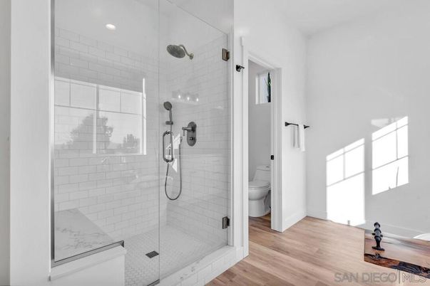 Bathroom, Glass Shower, Interior, Recessed Lighting, Wood Texture Flooring