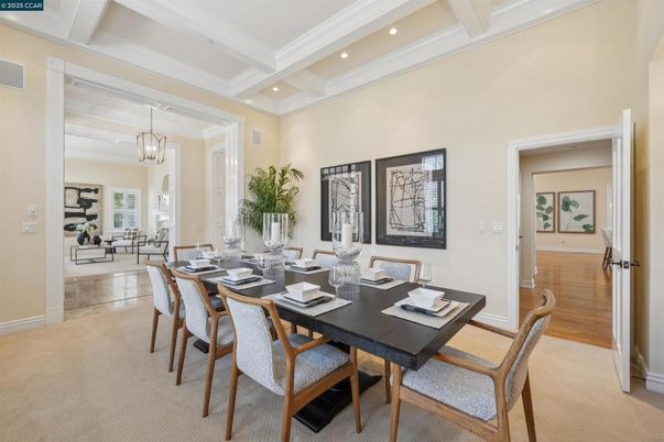 Chandelier, Dining room, Interior, Recessed Lighting, Wood Texture Flooring
