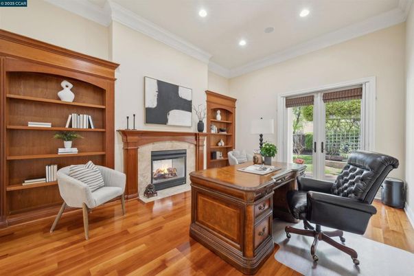 Fireplace, Home Office, Interior, Recessed Lighting, Wood Texture Flooring