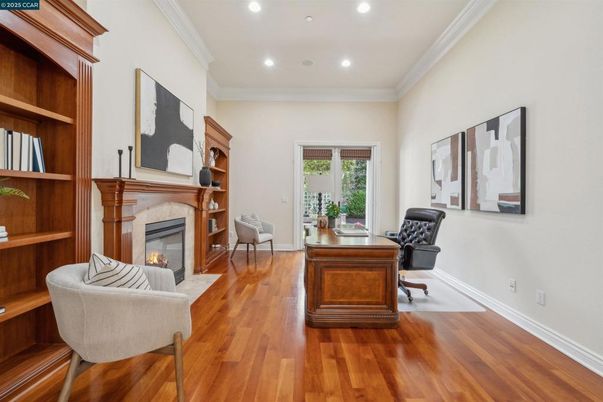 Fireplace, Home Office, Interior, Recessed Lighting, Wood Texture Flooring