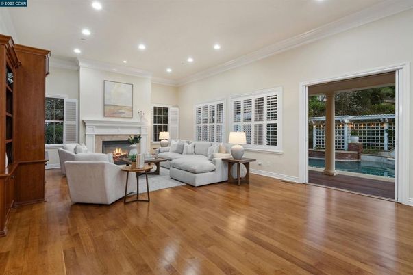 Fireplace, Interior, Living room, Recessed Lighting, Wood Texture Flooring