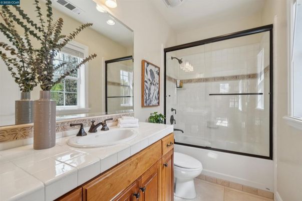 Bathroom, Glass Shower, Interior, Recessed Lighting, Tile Countertops