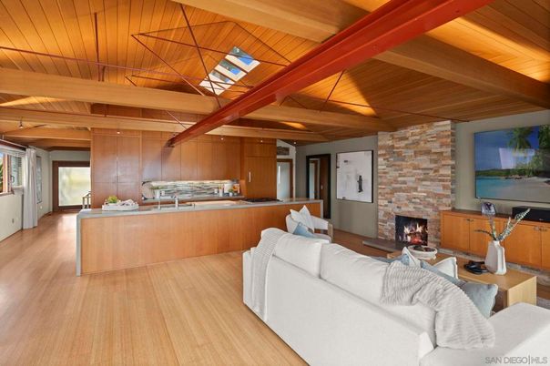 Fireplace, Interior, Kitchen, Living room, Pendant Lights, Stone Walls, Wooden Beams, Wooden Ceilings, Wood Texture Flooring