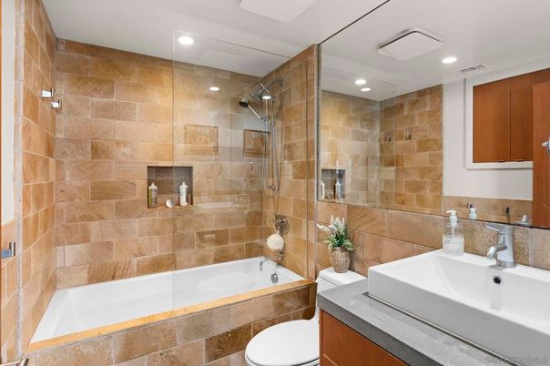 Bathroom, Glass Shower, Interior, Recessed Lighting, Stone Walls