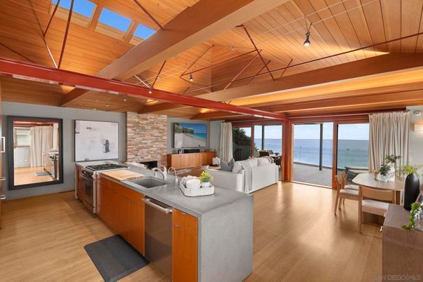 Dining room, Fireplace, Interior, Kitchen, Living room, Stainless Steel Appliances, Stone Walls, Water, Wooden Beams, Wooden Ceilings, Wood Texture Flooring