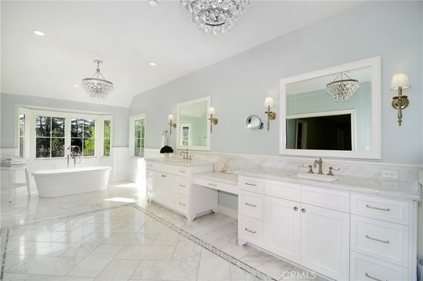 Bathroom, Chandelier, Dual Sink Vanities, Free Standing Baths, Interior, Marble, Recessed Lighting