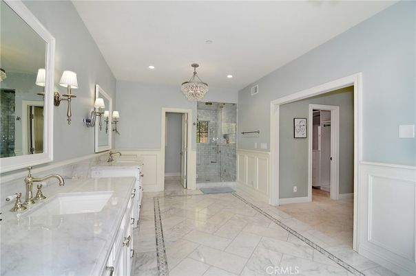 Bathroom, Chandelier, Dual Sink Vanities, Glass Shower, Interior, Marble, Recessed Lighting