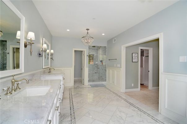 Bathroom, Chandelier, Dual Sink Vanities, Glass Shower, Interior, Marble, Recessed Lighting