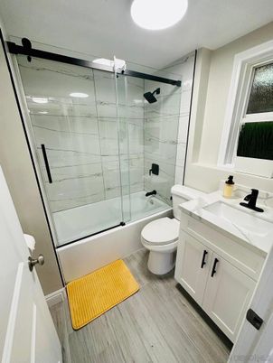 Bathroom, Glass Shower, Interior, Wood Texture Flooring