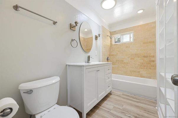 Bathroom, Interior, Recessed Lighting, Wood Texture Flooring