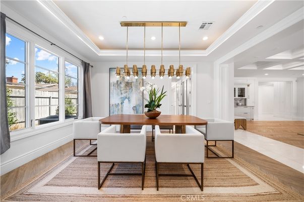 Dining room, Interior, Pendant Lights, Recessed Lighting, Wood Texture Flooring