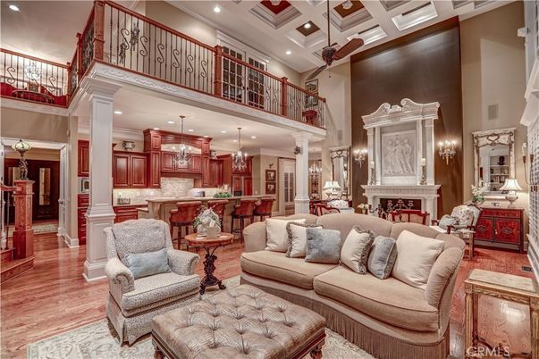 Fireplace, Interior, Kitchen, Living room, Pendant Lights, Recessed Lighting, Wood Texture Flooring