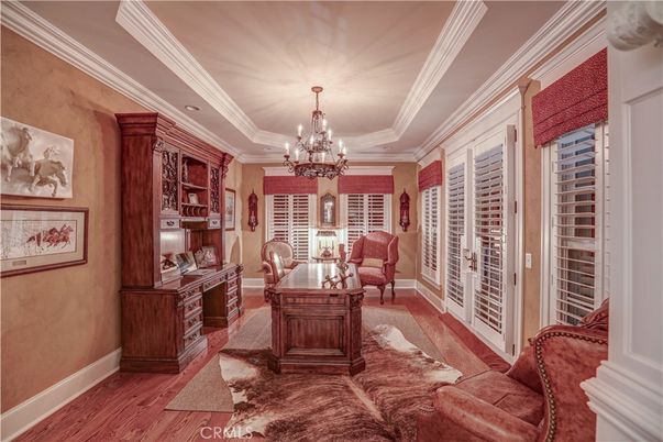 Chandelier, Home Office, Interior, Recessed Lighting, Wood Texture Flooring