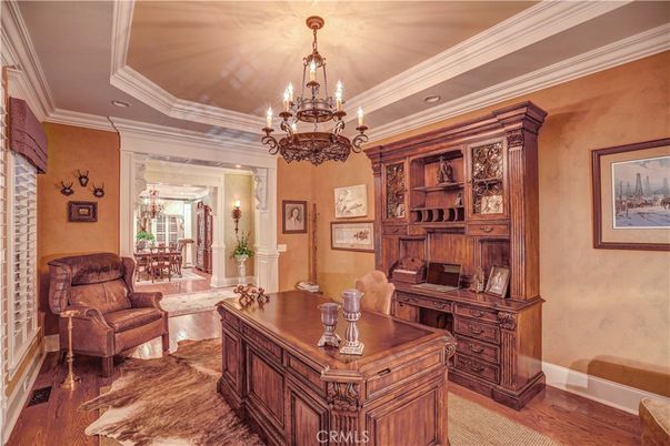 Chandelier, Home Office, Interior, Recessed Lighting, Wood Texture Flooring