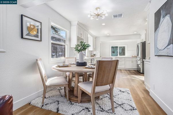 Dining room, Interior, Kitchen, Recessed Lighting, Wood Texture Flooring